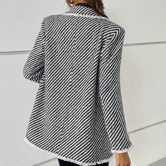 Black and White Casual Womens Striped Print Double Breasted Blazer - Picture 3 of 5